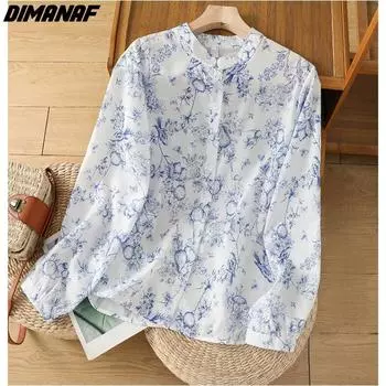 DIMANAF 2024, новая летняя блузка больших размеров, рубашка с длинными рукавами и цветочным принтом, винтажная женская свободная повседневная рубашка в стиле оверсайз