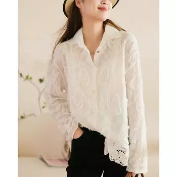 DIMANAF 2024 Новая летняя блузка рубашка женская кружевная с длинным рукавом базовые модные топы футболки повседневные свободные белые футболки