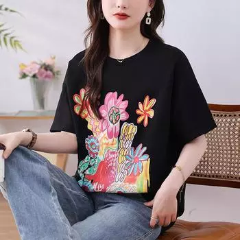Dimanaf 2024 Новая летняя футболка, модная рубашка, свободная женская рубашка с коротким рукавом, повседневные топы с цветочным принтом, футболки с круглым вырезом