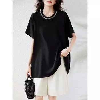 DIMANAF 2024 Новая летняя футболка модная рубашка свободная женская рубашка с коротким рукавом повседневные тонкие топы с круглым вырезом черные футболки