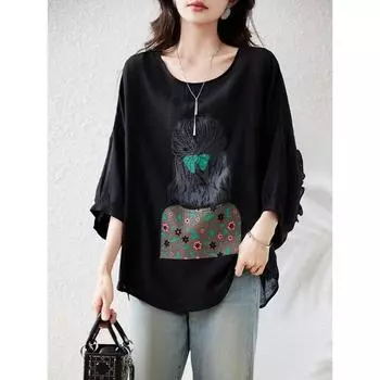 Dimanaf 2024 Новая летняя футболка, модная рубашка, свободная женская рубашка с принтом, повседневные тонкие топы с круглым вырезом, хлопковые футболки