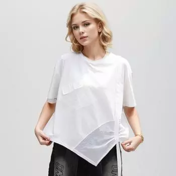 DIMANAF 2024 Новая летняя футболка женская с коротким рукавом пэчворк пакеты свободные белые O-образные вырезы базовые топы новые