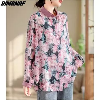 DIMANAF 2024, новая летняя повседневная блузка больших размеров, винтажная женская свободная рубашка с цветочным принтом, базовые футболки
