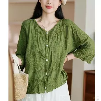 DIMANAF 2024 Новая летняя рубашка с v-образным вырезом, женская кружевная блузка с пуговицами, модные топы с короткими рукавами, футболки, повседневные свободные зеленые футболки One Size белый
