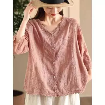 DIMANAF 2024 Новая летняя рубашка с V-образным вырезом для женщин, кружевные пуговицы, блузка с коротким рукавом, базовые модные топы, футболки, повседневные свободные зеленые футболки One Size розовый