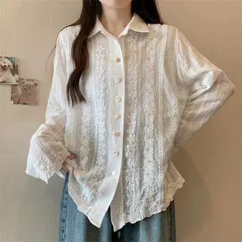 DIMANAF 2024 Новая летняя рубашка женская кружевная блузка с длинным рукавом базовые модные топы футболки повседневные свободные белые футболки One Size белый