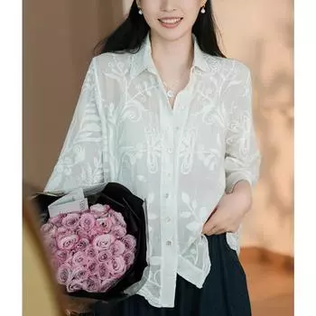 DIMANAF 2024 Новая летняя рубашка женская кружевная блузка с коротким рукавом базовые модные топы футболки повседневные свободные белые футболки One Size белый