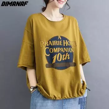 DIMANAF 2024 Новая летняя женская блузка большого размера, футболка, женские топы, рубашка с принтом, хлопковые свободные повседневные футболки с коротким рукавом