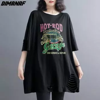 DIMANAF 2024 Новая летняя женская блузка больших размеров футболка повседневные топы футболки с принтом хлопковые свободные винтажные черные футболки