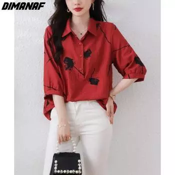 DIMANAF 2024, новая летняя женская блузка больших размеров, рубашка с цветочным принтом, льняные женские винтажные свободные повседневные топы оверсайз