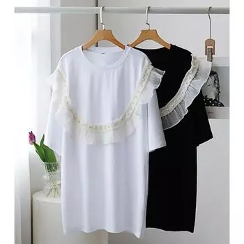 DIMANAF 2024 Новая летняя женская длинная футболка Базовая свободная повседневная футболка с коротким рукавом и кружевным круглым вырезом с большим цветочным принтом, новая футболка