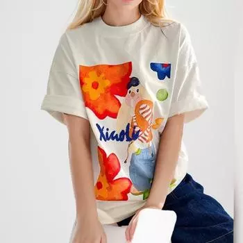 DIMANAF 2024, новая летняя женская футболка, базовая футболка с короткими рукавами и принтом, свободная повседневная футболка с круглым вырезом, большие топы, новинка 734