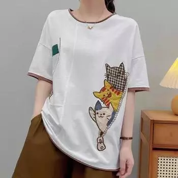 DIMANAF 2024, новая летняя женская футболка, базовая футболка с короткими рукавами и вышитым принтом, свободная повседневная футболка с котом и круглым вырезом, синие топы, новинка One Size