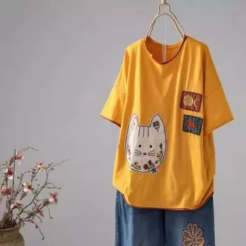 DIMANAF 2024, новая летняя женская футболка, базовая футболка с короткими рукавами и вышивкой кота, свободная повседневная футболка с круглым вырезом, большие синие топы, новинка One Size