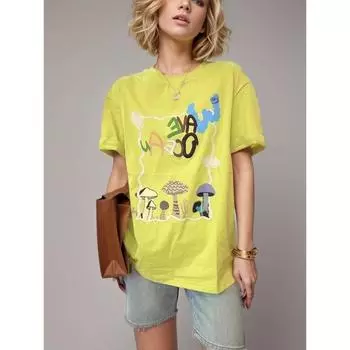 DIMANAF 2024 новая летняя женская футболка базовая с коротким рукавом с принтом свободные повседневные большие топы с круглым вырезом желтая футболка новая