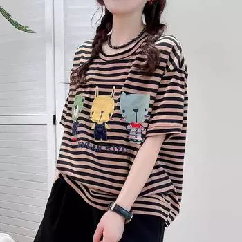 DIMANAF 2024 Новая летняя женская футболка базовая с коротким рукавом в полоску с вышитым принтом Свободная повседневная футболка с круглым вырезом большие синие топы новая