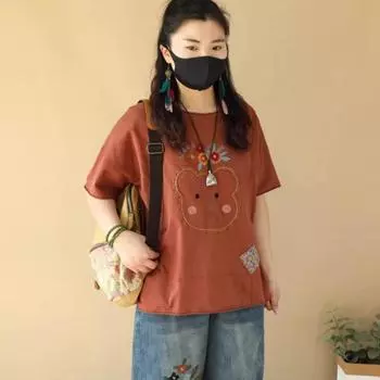 DIMANAF 2024, новая летняя женская футболка, базовая футболка с коротким рукавом и вышитым принтом, свободная повседневная футболка с круглым вырезом, большие белые желтые топы, новинка