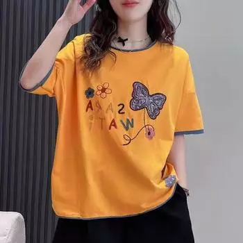 DIMANAF 2024, новая летняя женская футболка, базовая футболка с короткими рукавами и вышитым принтом, свободная повседневная футболка с круглым вырезом, большие синие топы, новинка