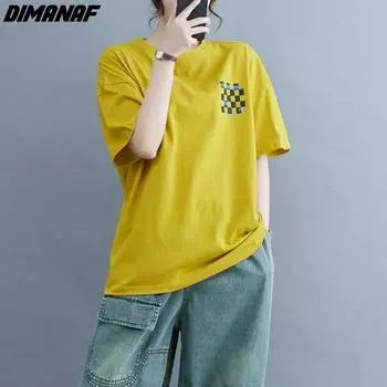 DIMANAF 2024, новая летняя женская футболка, базовая хлопковая свободная футболка с короткими рукавами, повседневные однотонные топы с круглым вырезом, футболки