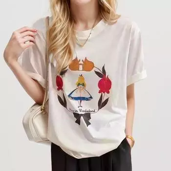 DIMANAF 2024, новая летняя женская футболка, базовая футболка с короткими рукавами и принтом, свободные топы с круглым вырезом, новая футболка One Size белый