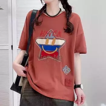 DIMANAF 2024, новая летняя женская футболка, базовая футболка с коротким рукавом и вышитой звездой, свободная повседневная футболка с круглым вырезом, большие синие топы, новинка