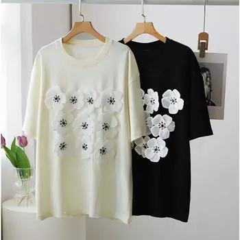 DIMANAF 2024, новая летняя женская футболка, базовая свободная повседневная футболка с круглым вырезом и короткими рукавами с большим цветком, новая футболка