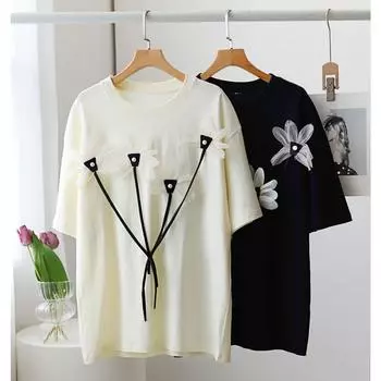 DIMANAF 2024, новая летняя женская футболка, базовая свободная повседневная футболка с короткими рукавами и круглым вырезом, большой цветочный топ, новинка One Size чёрный
