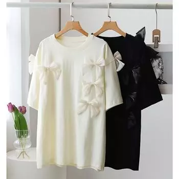 DIMANAF 2024 Новая летняя женская футболка базовая свободная повседневная футболка с коротким рукавом и круглым вырезом с большим бантом и цветочным принтом, новинка