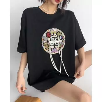 DIMANAF 2024, новая летняя женская футболка, базовая свободная повседневная футболка с короткими рукавами и принтом в китайском стиле с круглым вырезом, большие топы, новинка