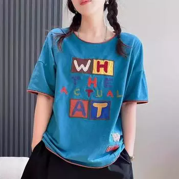 DIMANAF 2024, новая летняя женская футболка, базовая футболка с короткими рукавами и мультяшным полосатым принтом, свободная повседневная футболка с круглым вырезом, большие синие топы, новинка