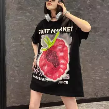 DIMANAF 2024, новая летняя женская футболка, базовая свободная повседневная футболка с короткими рукавами и принтом фруктов, с круглым вырезом, большие топы, новинка