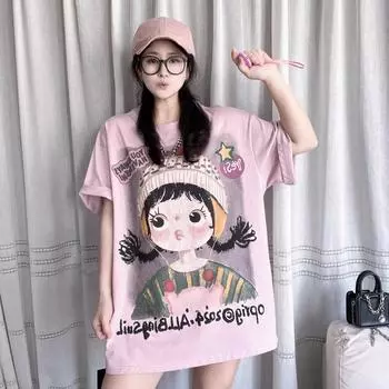 DIMANAF 2024, новая летняя женская футболка, базовая футболка с короткими рукавами и кружевным принтом, свободная повседневная футболка с круглым вырезом, большие топы, новинка 9900