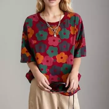 DIMANAF 2024 Новая летняя женская футболка больших размеров с коротким рукавом и полосатым принтом, базовая свободная красная повседневная футболка с круглым вырезом, большие синие топы, новинка