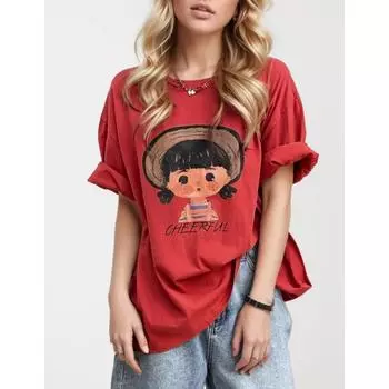 DIMANAF 2024 Новая летняя женская футболка больших размеров с коротким рукавом и мультяшным принтом, базовая свободная красная повседневная футболка с круглым вырезом, большие синие топы, новинка