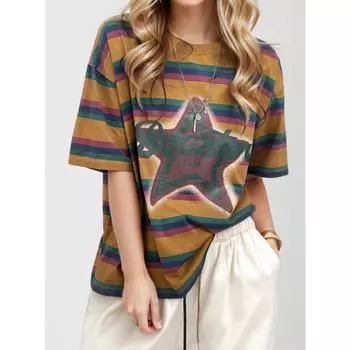 DIMANAF 2024 Новая летняя женская футболка больших размеров с коротким рукавом в полоску со звездным принтом, базовая свободная красная повседневная футболка с круглым вырезом, большие синие топы, новинка