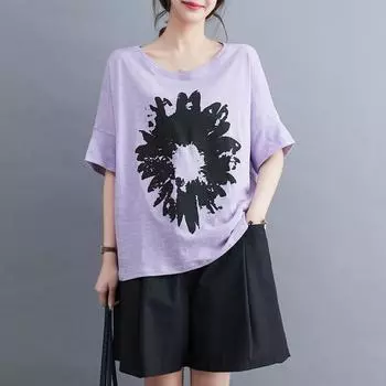 DIMANAF 2024 Новая летняя женская футболка больших размеров с коротким рукавом, базовая свободная повседневная футболка с круглым вырезом и большим принтом