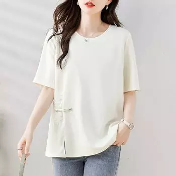 DIMANAF 2024 Новая летняя женская футболка больших размеров с коротким рукавом, базовая свободная повседневная футболка с круглым вырезом и вышивкой, большие топы