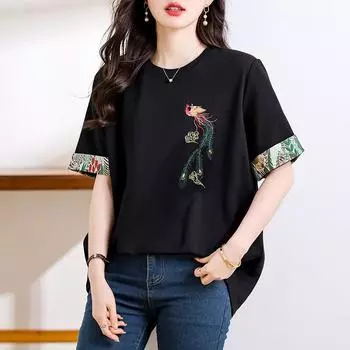 DIMANAF 2024 Новая летняя женская футболка больших размеров с коротким рукавом, базовая свободная повседневная футболка с круглым вырезом и большой вышивкой