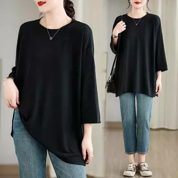 DIMANAF 2024 Новая летняя женская футболка больших размеров с коротким рукавом, базовая свободная повседневная футболка с круглым вырезом, большие топы