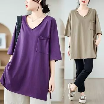 Dimanaf 2024 Новая летняя женская футболка больших размеров с коротким рукавом, базовая свободная повседневная однотонная футболка с v-образным вырезом и большими топами