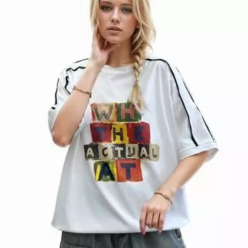 DIMANAF 2024 Новая летняя женская футболка больших размеров с коротким рукавом и буквенным принтом, свободная базовая футболка с круглым вырезом, новые топы