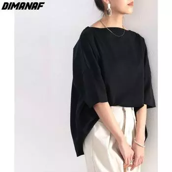 DIMANAF 2024, новая летняя женская футболка больших размеров, свободные повседневные хлопковые рубашки с вырезом в горловине, повседневные топы с короткими рукавами