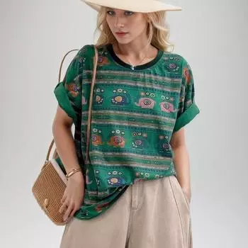 DIMANAF 2024 Новая летняя женская футболка больших размеров, базовая футболка с короткими рукавами и принтом, свободная цветочная повседневная зеленая футболка с круглым вырезом, большие топы, новинка