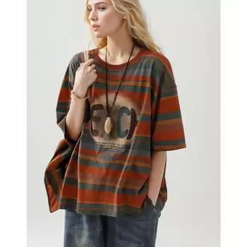 DIMANAF 2024 Новая летняя женская футболка больших размеров с коротким рукавом и полосатым принтом, свободная красная повседневная футболка с круглым вырезом, большие синие топы, новинка