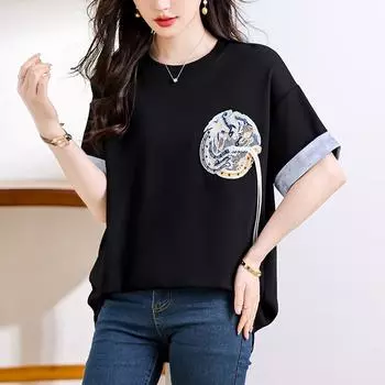 DIMANAF 2024 Новая летняя женская футболка больших размеров с коротким рукавом, базовая свободная повседневная футболка с круглым вырезом, большие хлопковые топы с вышивкой