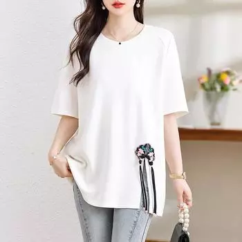 DIMANAF 2024 Новая летняя женская футболка больших размеров с коротким рукавом, базовая свободная повседневная футболка из большого хлопка с круглым вырезом