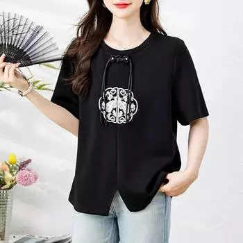 DIMANAF 2024 Новая летняя женская футболка больших размеров с коротким рукавом, базовая свободная повседневная футболка с круглым вырезом и вышивкой, винтажная футболка с большими топами