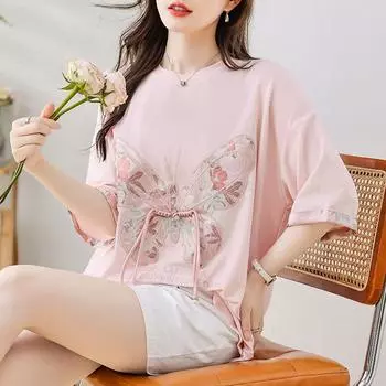 DIMANAF 2024 Новая летняя женская футболка больших размеров с коротким рукавом, базовая свободная повседневная хлопковая футболка с круглым вырезом и вышивкой, большие топы