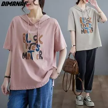 DIMANAF 2024, новая летняя женская футболка больших размеров, хлопковая свободная повседневная футболка с капюшоном и коротким рукавом с принтом, женские топы, футболки L чёрный
