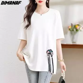 DIMANAF 2024, новая летняя женская футболка, футболки с короткими рукавами и круглым вырезом, свободные однотонные топы, повседневная модная рубашка с вышивкой